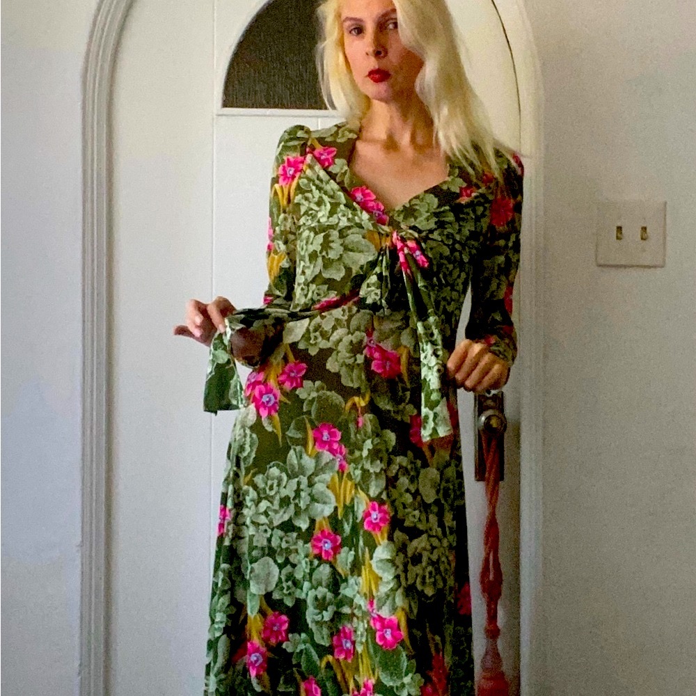 SOLD. Vintage 70s Handmade Olive green Pink Floral Poly. 
Long Dress. Med